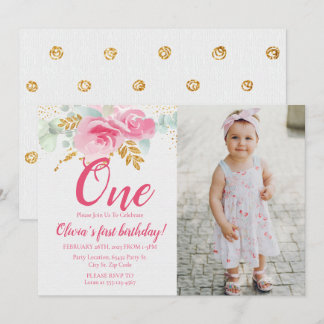 Blush Pink Floral Baby's First Birthday Foto Einladung