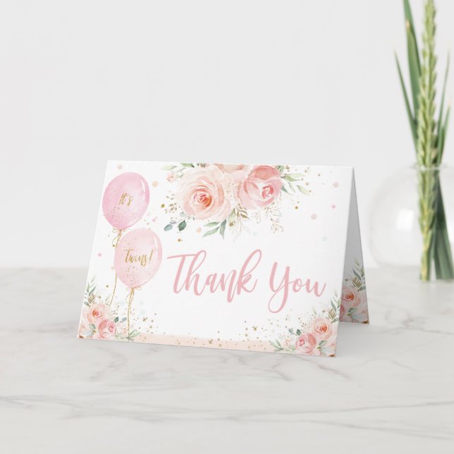 Blush Pink Floral Balloons Gold Twins Baby Dusche Dankeskarte (Vorderseite)