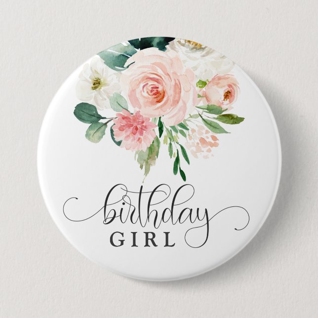 Blush Pink Floral Birthday Girl Button (Vorderseite)