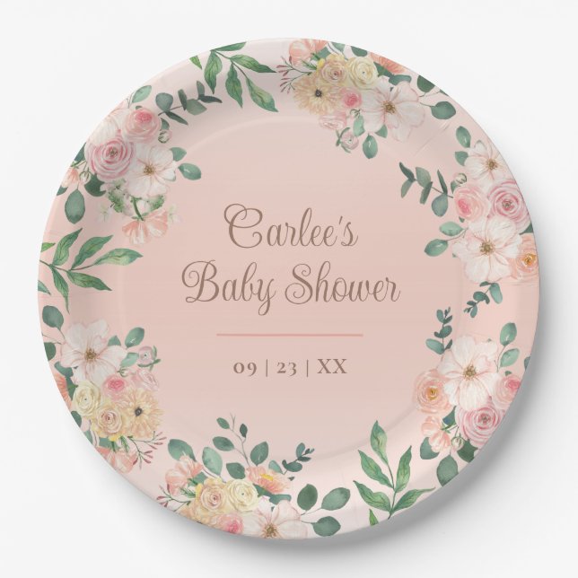 Blush Pink Floral Boho Babydusche Pappteller (Vorderseite)