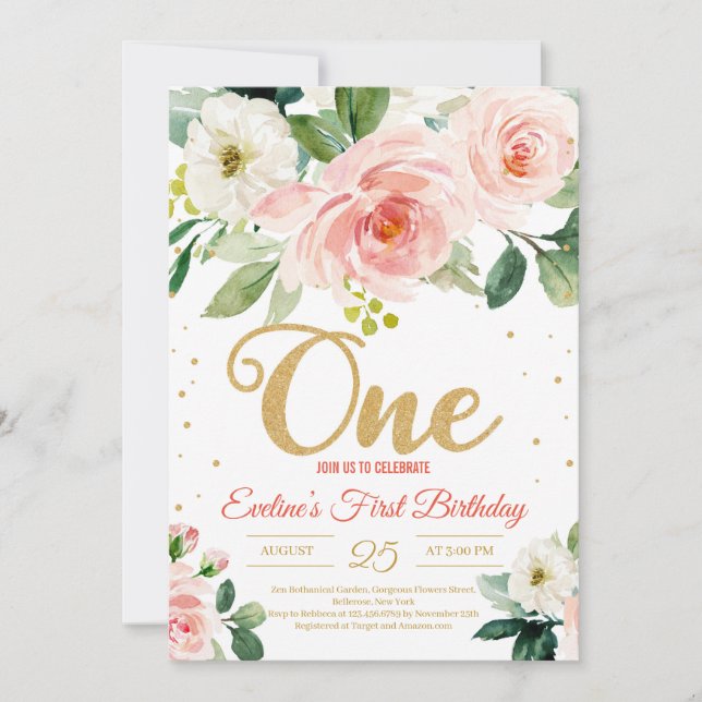 Blush pink floral boho Ein Mädchen zum ersten Gebu Einladung (Vorderseite)