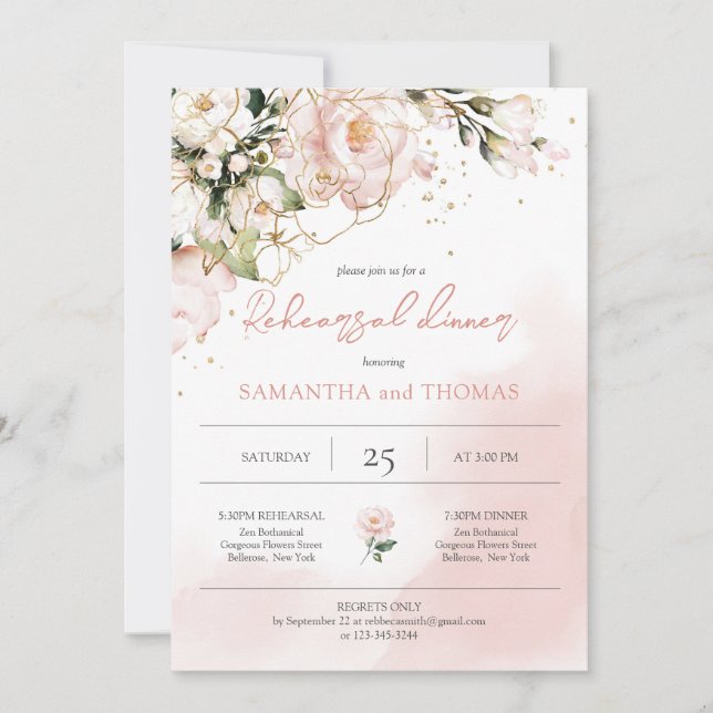 Blush Pink Floral Boho Hochzeit Probe Dinner Einladung (Vorderseite)