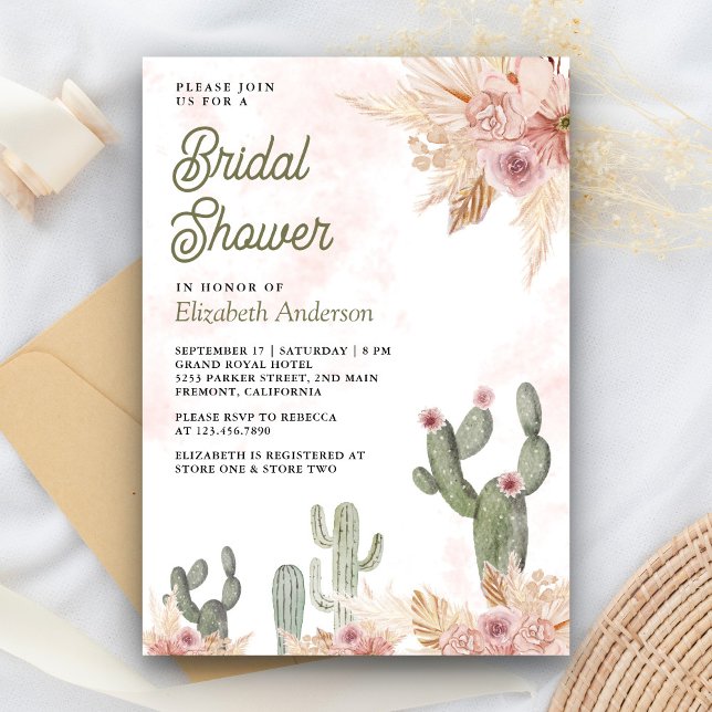 Blush Pink Floral Boho Pampas Cactus Brautparty Einladung (Von Creator hochgeladen)