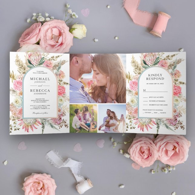 Blush Pink Floral Boho Pampas Grass Foto Hochzeit Dreifach Gefaltete Einladung (Von Creator hochgeladen)