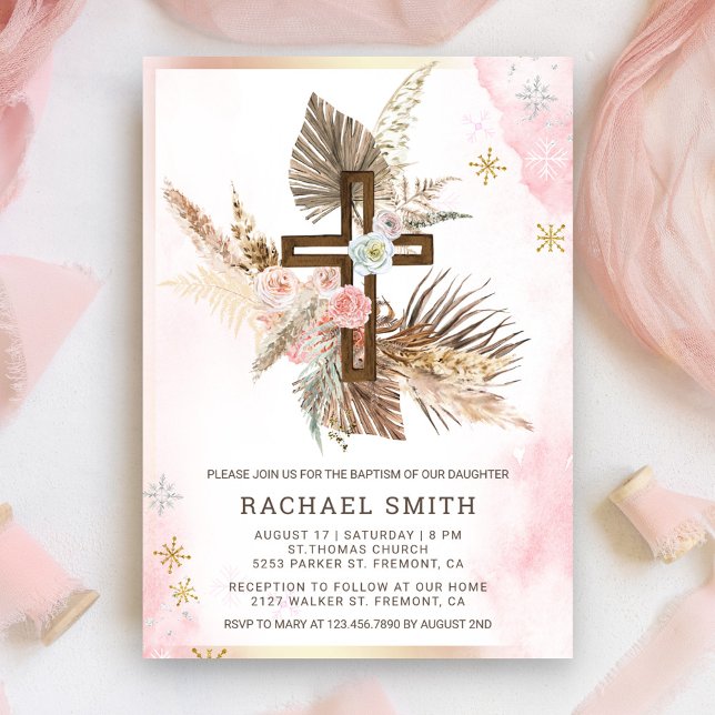 Blush Pink Floral Boho Pampas Wood Cross Taufe Einladung (Von Creator hochgeladen)