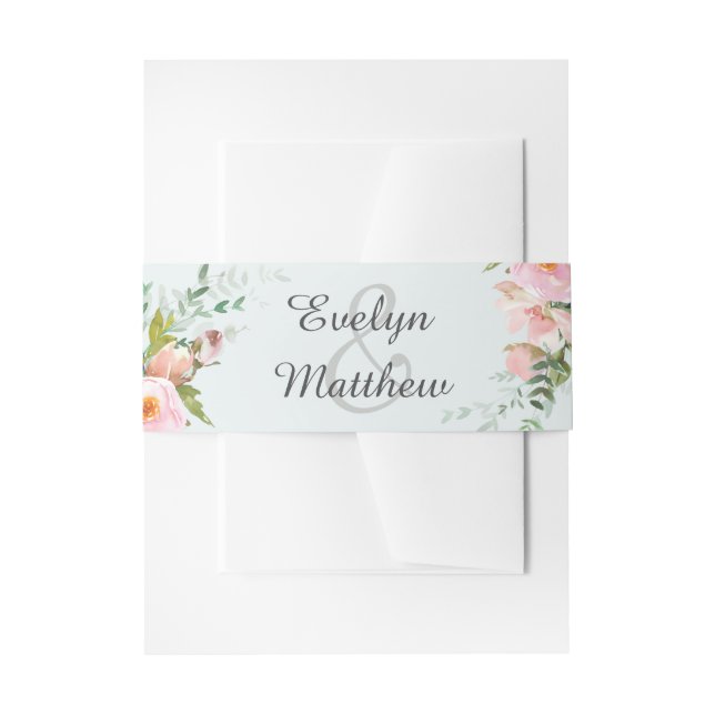 Blush Pink Floral Bouquet Blue Wedding Einladungsbanderole (Vorderseite Beispiel)