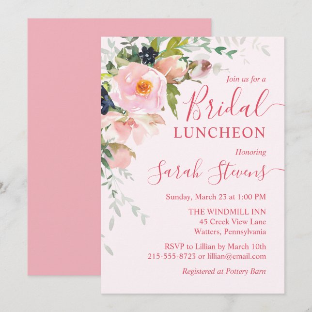 Blush Pink Floral Bouquet Bridal Luncheon Einladung (Vorne/Hinten)
