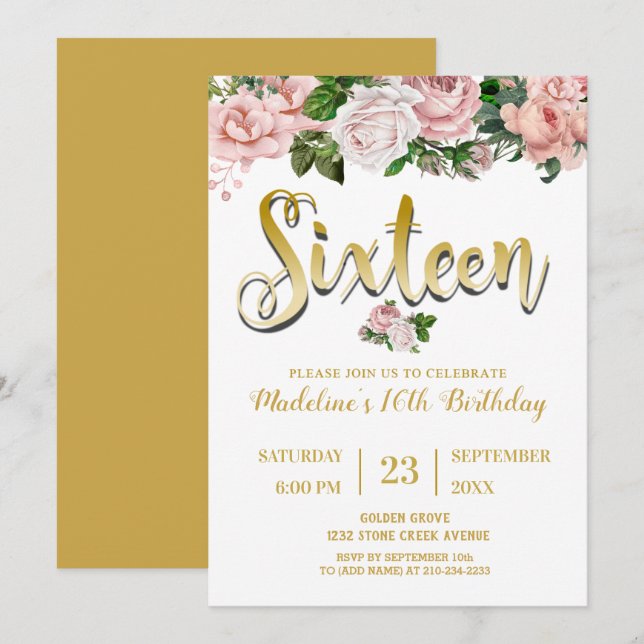 Blush Pink Floral Bouquet | Süß 16 Einladung (Vorne/Hinten)