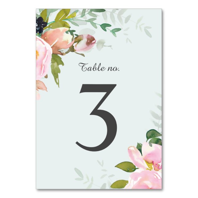 Blush Pink Floral Bouquets Sky Blue Wedding Tischnummer (Vorderseite)