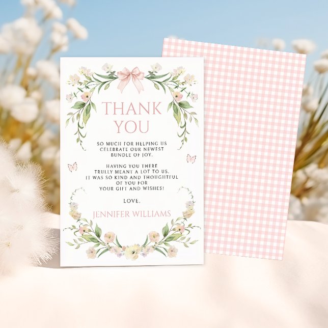 Blush Pink Floral Bow Butterfly Baby Girl Dusche Dankeskarte (Von Creator hochgeladen)