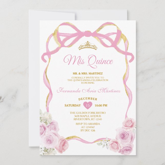Blush Pink Floral Bow Ribbon Gold Crown Mis Quince Einladung (Vorderseite)