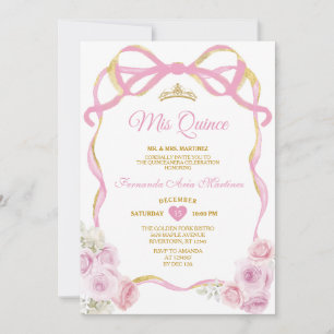 Blush Pink Floral Bow Ribbon Gold Crown Mis Quince Einladung