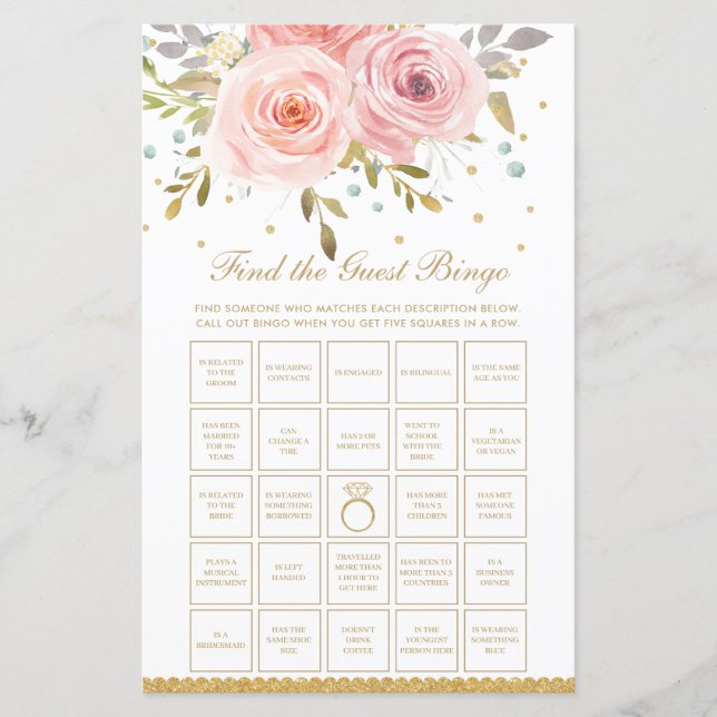 Blush Pink Floral Bridal Finden Sie das Bingo Game (Vorderseite)