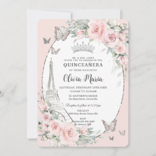 Blush Pink Floral Butterfells Paris Quinceañera Einladung