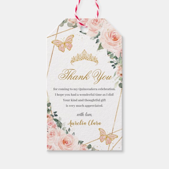 Blush Pink Floral Butterfisch Quinceañera Geburtst Geschenkanhänger (Vorderseite)