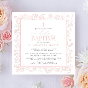 Blush Pink Floral Butterfliegen Heilige Taufe Kreu Einladung