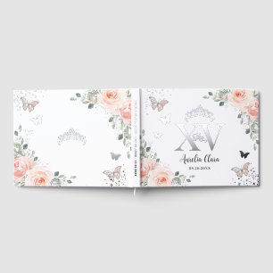 Blush Pink Floral Butterfliegen Silver Quinceañera Gästebuch