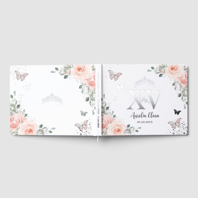 Blush Pink Floral Butterfliegen Silver Quinceañera Gästebuch (Voll)