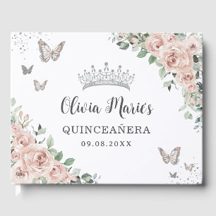 Blush Pink Floral Butterfliegen Silver Quinceañera Gästebuch
