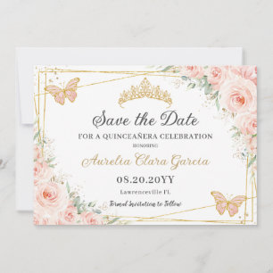 Blush Pink Floral Butterflies Quinceañera Sweet 16 Save The Date