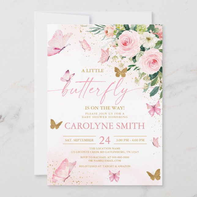 Blush Pink Floral Butterfly Baby Dusche Einladung (Vorderseite)