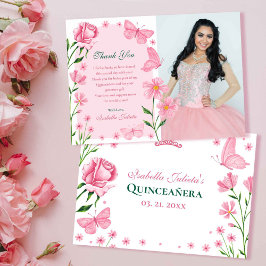 Blush Pink Floral Butterfly Foto Quinceañera Dankeskarte