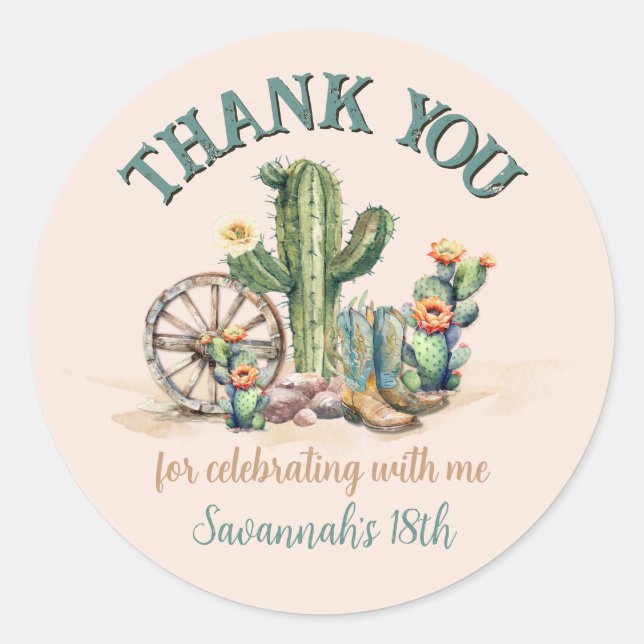 Blush Pink Floral Cactus Desert Scene Danke Runder Aufkleber (Vorderseite)