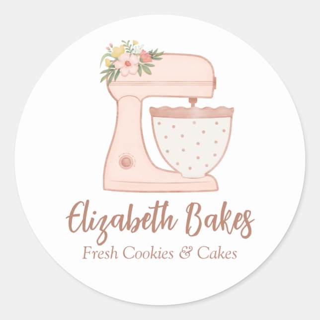 Blush Pink Floral Cake Mixer Bäckerei Catering Clu Runder Aufkleber (Vorderseite)