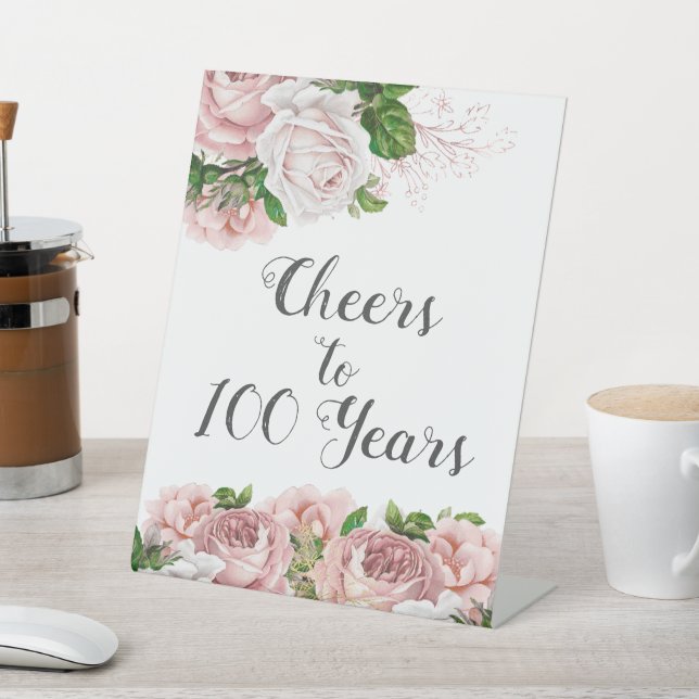 Blush Pink Floral Cheers to 100 Years Script Sockelschild (In SItu)