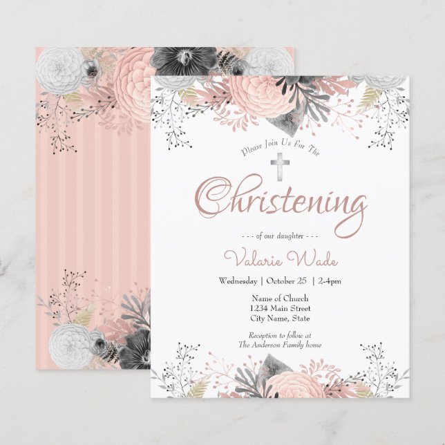 Blush Pink floral Christening Budget Einladungen (Vorne/Hinten)