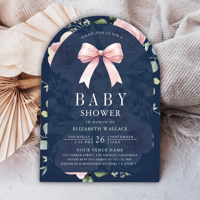 Blush Pink Floral Coquette Bow Navy Baby Dusche Einladung (Von Creator hochgeladen)