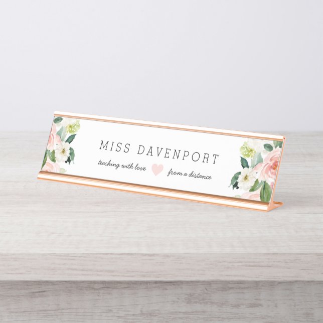 Blush Pink Floral Distortion Lehrergeschenk Schreibtischnamensplakette (Vorderseite )