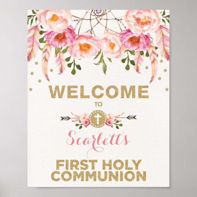 Blush Pink Floral Dreamcatcher-Kommunion Willkomme Poster (Vorne)