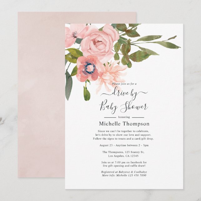 Blush Pink Floral Drive by Dusche Einladung (Vorne/Hinten)