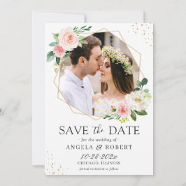 Blush Pink Floral Dusty Blue Gold Geometric Foto Save The Date
