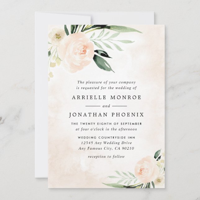 Blush Pink Floral Eleganter Champagner Garten Hoch Einladung (Vorderseite)