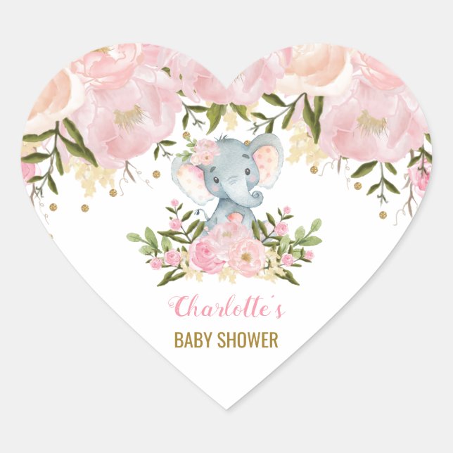 Blush Pink Floral Elephant Baby Dusche Gastgeschen Herz-Aufkleber (Vorderseite)