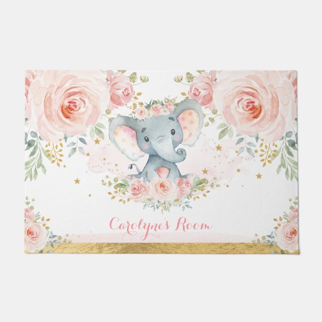 Blush Pink Floral Elephant Baby Girl Kinderzimmer  Fußmatte (Vorderseite)