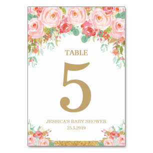Blush Pink Floral Elephant Baby Shower Girl Tischnummer