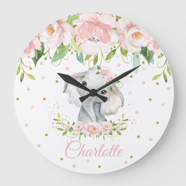 Blush Pink Floral Elephant Girl Nursery Große Wanduhr (Vorderseite)