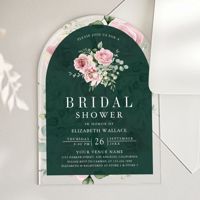 Blush Pink Floral Emerald Green Bridal Shower Acryleinladungen (Von Creator hochgeladen)