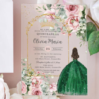 Blush Pink Floral Emerald Quinceañera Sweet 16 15 Acryleinladungen