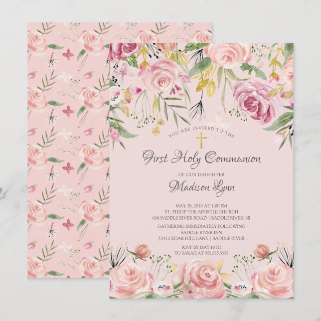 Blush Pink Floral Erste Heilige Kommune Einladung (Vorne/Hinten)