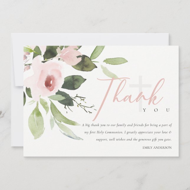 BLUSH PINK FLORAL ERSTE HOLY COMMUNION DANKE EINLADUNG (Vorderseite)