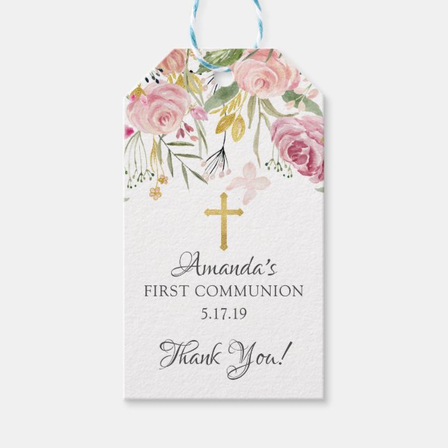 Blush Pink Floral Erste Kommune Gefallen Geschenk  Geschenkanhänger (Vorderseite)