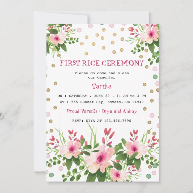 Blush Pink Floral Erster Reis Zeremonie Annaprasha Einladung (Vorderseite)