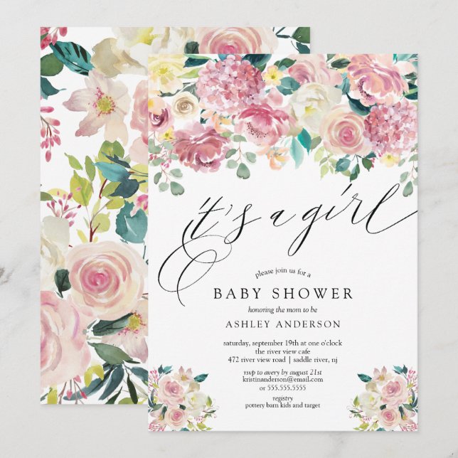 Blush Pink Floral Es ist eine Girl Baby Dusche Einladung (Vorne/Hinten)