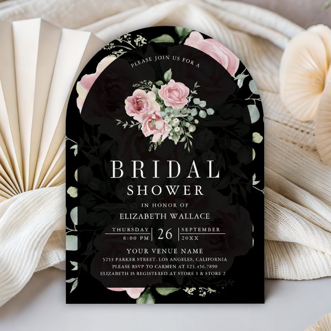 Blush Pink Floral Eucalyptus Black Bridal Shower Einladung (Von Creator hochgeladen)