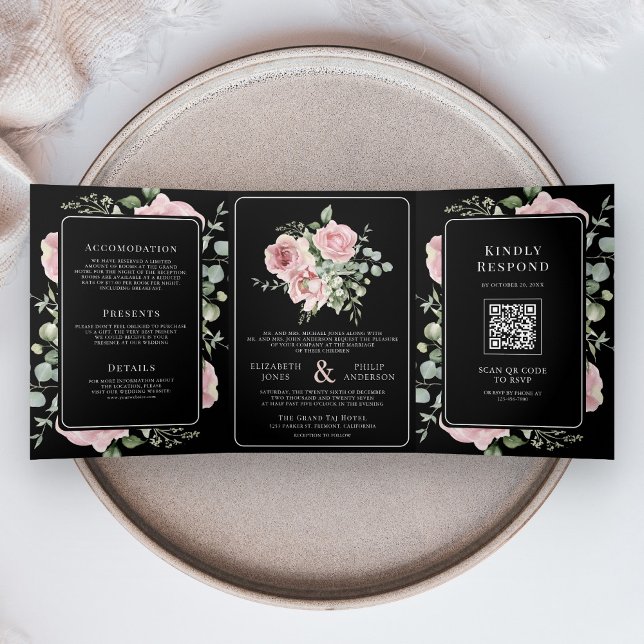 Blush Pink Floral Eucalyptus Black QR Code Wedding Dreifach Gefaltete Einladung (Von Creator hochgeladen)