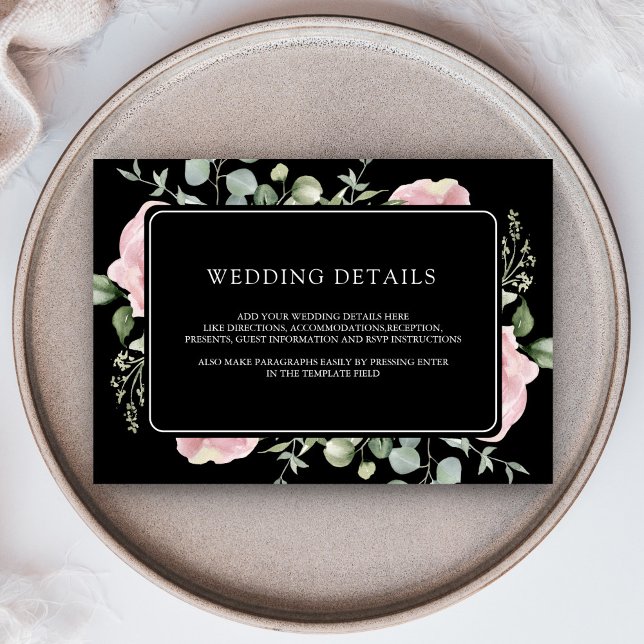 Blush Pink Floral Eucalyptus Black Wedding Details Begleitkarte (Von Creator hochgeladen)